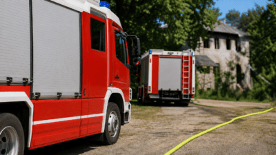 Zwei rote Feuerwehrfahrzeuge stehen auf einem Weg vor einem ausgebrannten Haus mit einem gelben Schlauch auf dem Boden.