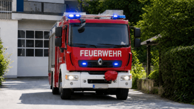 Rotes Feuerwehrfahrzeug mit aktiviertem Blaulicht vor der Feuerwache