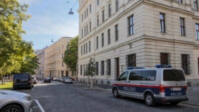 Ein Polizeivan mit Blaulicht parkt auf einer asphaltierten Straße vor einem mehrstöckigen Gebäude in Wien.