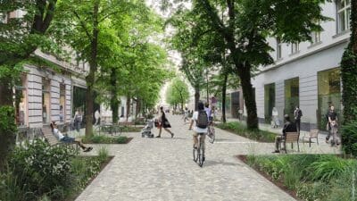 Visualisierung einer umgestalteten Straße mit Bäumen, Bänken, Radfahrern und Fußgängern in der Kaiserfeldgasse in Graz