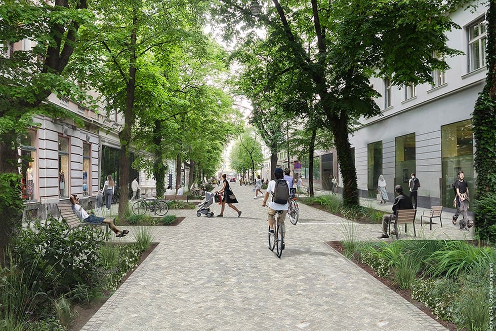 Visualisierung einer umgestalteten Straße mit Bäumen, Bänken, Radfahrern und Fußgängern in der Kaiserfeldgasse in Graz