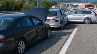 Drei beschädigte Pkw nach einem Verkehrsunfall mit offener Motorhaube und Feuerwehr im Hintergrund.