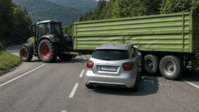 Ein silbernes Auto ist in einen grünen Traktoranhänger auf einer Bergstraße gefahren