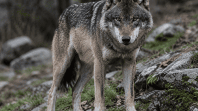 Ein Wolf mit grauem und braunem Fell steht auf Felsen und blickt in die Kamera.