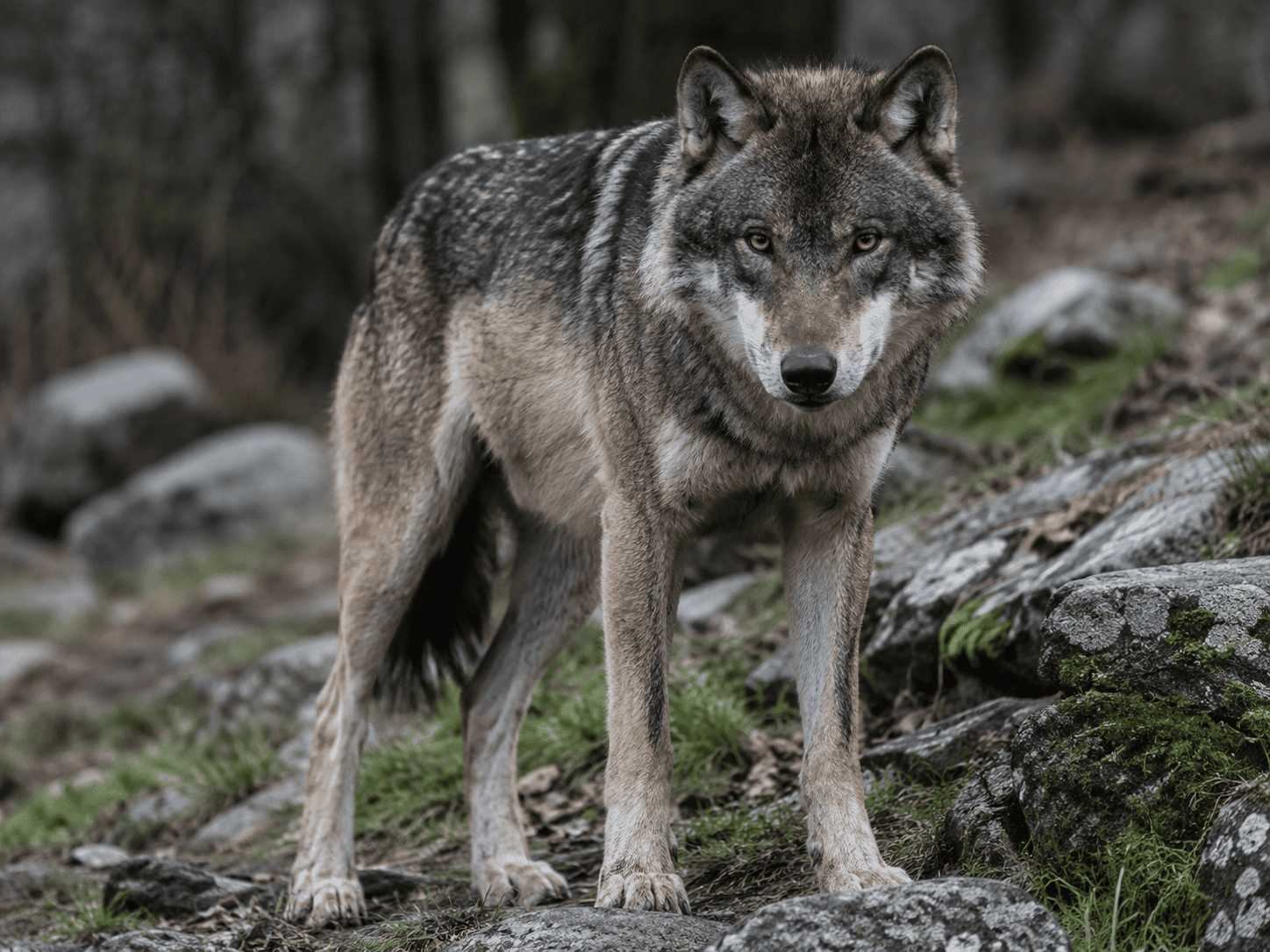 Ein Wolf mit grauem und braunem Fell steht auf Felsen und blickt in die Kamera.