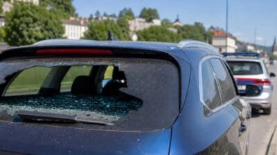 Heck eines blauen Autos mit zerbrochener Heckscheibe und Glassplittern am Straßenrand