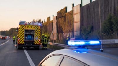 Blaulicht eines Polizeifahrzeugs im Vordergrund, dahinter ein Feuerwehrauto und Feuerwehrleute an einer Autobahn mit Lärmschutzwand