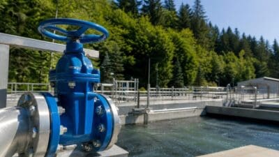 Blaues Industrieventil mit Handrad an einer Rohrleitung neben einem Wasserbecken und Bäumen