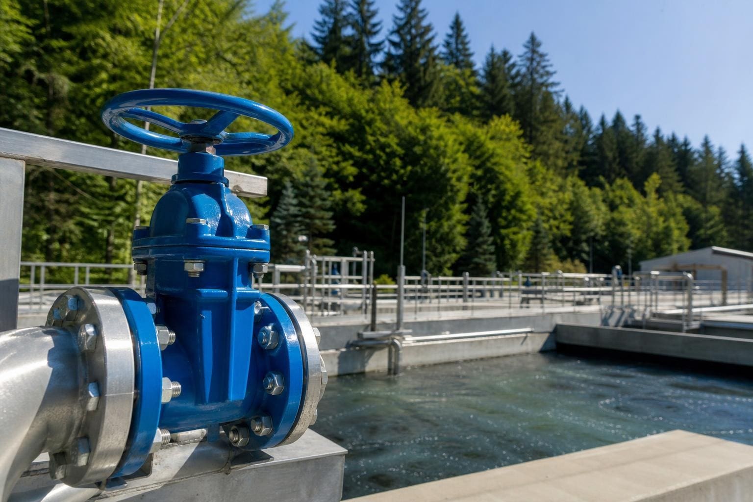 Blaues Industrieventil mit Handrad an einer Rohrleitung neben einem Wasserbecken und Bäumen