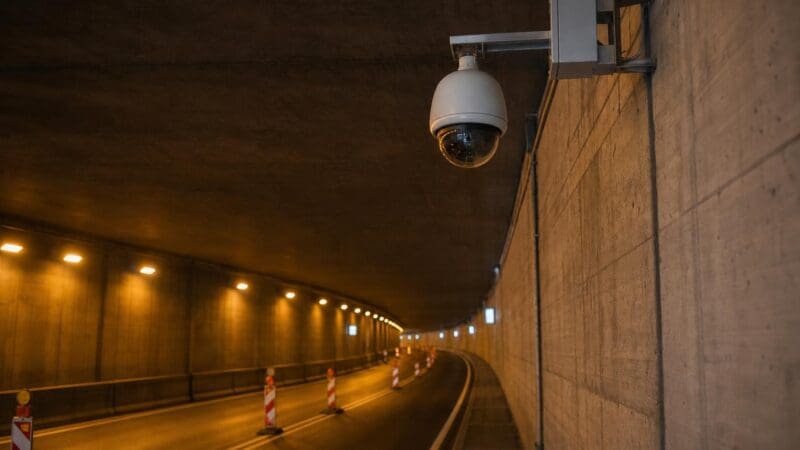 Weiße Überwachungskamera an der Betonwand eines beleuchteten Straßentunnels mit Fahrbahn und Absperrpfosten