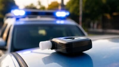 Ein Alkoholtestgerät liegt auf der Motorhaube eines Polizeiautos mit Blaulicht im Hintergrund.