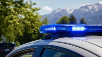 Nahaufnahme des blauen Blaulichts auf einem Polizeifahrzeug mit Bergen im Hintergrund.