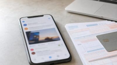 Smartphone zeigt App mit Bild neben Dokumenten und Kreditkarte auf hellem Untergrund