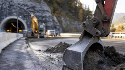 Roter Baggerlöffel schaufelt Erde auf einer Baustelle vor einem Straßentunnel in den Bergen.