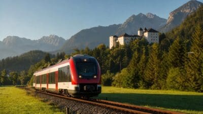 Roter und weißer Regionalzug fährt durch grüne Wiesen vor Schloss und Bergen