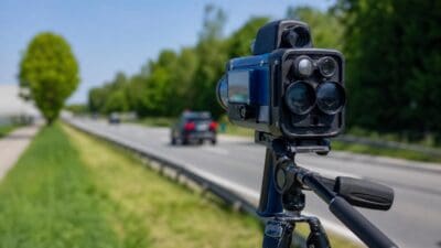 Blaue Laser-Geschwindigkeitsmesskamera auf Stativ neben einer Straße mit Auto im Hintergrund