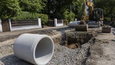 Ein großes Betonrohr liegt vor einer offenen Baugrube mit Bagger im Hintergrund.