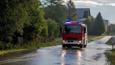 Ein rotes Feuerwehrauto mit blau leuchtendem Blaulicht fährt durch eine mit Wasser bedeckte Straße