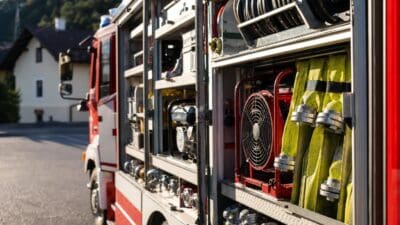 Geöffnetes Seitenfach eines roten Feuerwehrfahrzeugs mit gelben Schläuchen, einem Ventilator und weiterer Ausrüstung