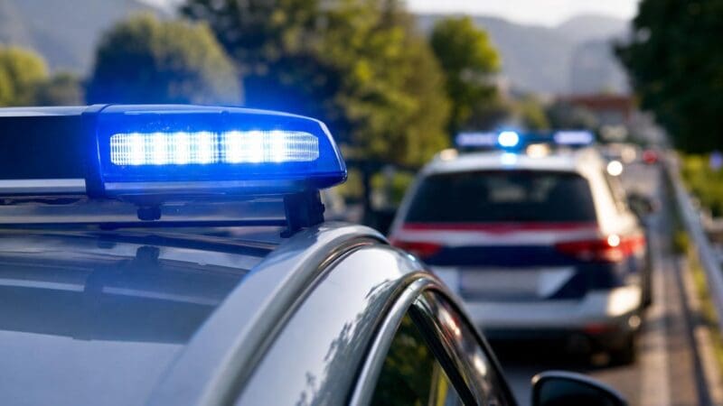 Nahaufnahme eines Polizeifahrzeugs mit leuchtendem Blaulicht und einem zweiten Einsatzfahrzeug im Hintergrund
