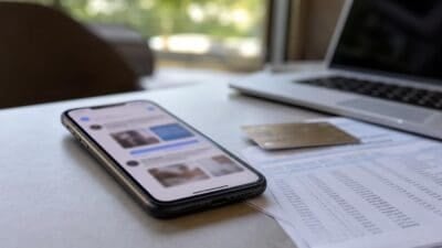 Smartphone mit App-Display neben Laptop, Kreditkarte und Tabellen auf einem Schreibtisch