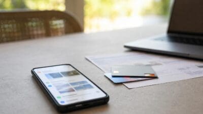 Ein Smartphone liegt auf einem Tisch, daneben Kreditkarten und Papiere sowie ein Laptop im Hintergrund