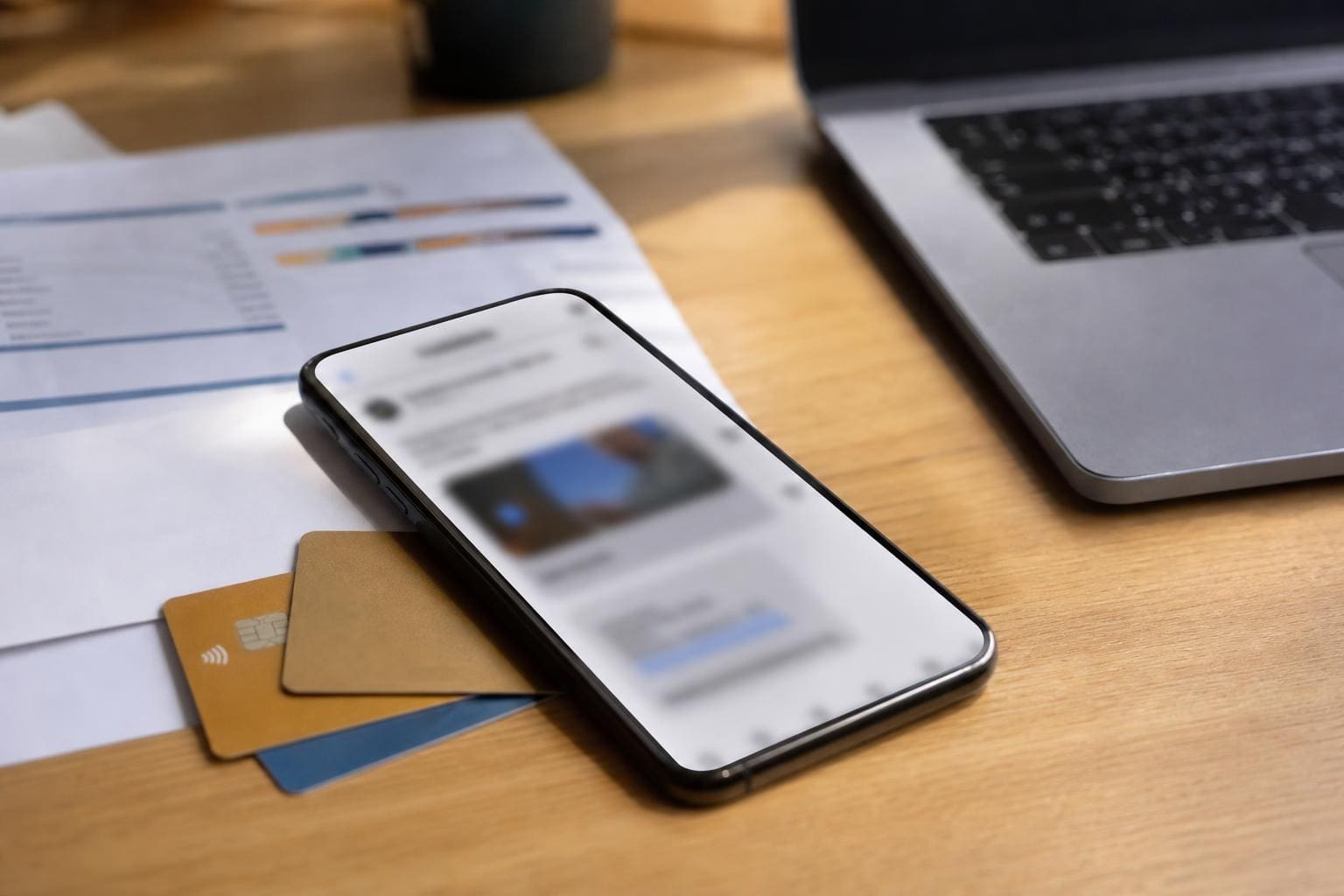Ein Smartphone liegt auf einem Holztisch neben Kreditkarten und Dokumenten mit einem Laptop im Hintergrund.
