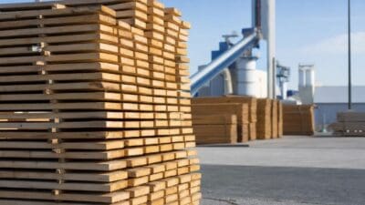 Stapel heller Holzbohlen vor einer Sägewerksanlage mit Silos und Förderbändern unter blauem Himmel