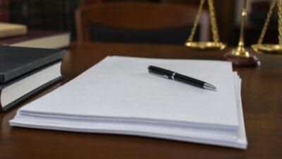 Stapel weißer Papiere mit einem Stift auf einem Holztisch neben Büchern und einer Waage