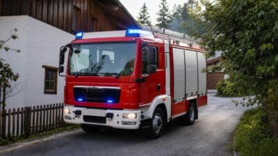 Ein rotes und weißes Feuerwehrfahrzeug mit eingeschalteten blauen Warnlichtern steht auf einer Straße vor einem Holzhaus.