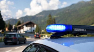 Nahaufnahme eines blauen Blaulichts auf dem Dach eines Polizeifahrzeugs vor Bergkulisse