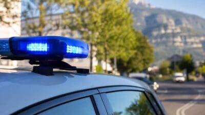 Blaues Blinklicht auf dem Dach eines weißen Polizeifahrzeugs vor einer Berglandschaft.