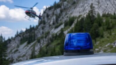 Blaues Blaulicht auf einem Fahrzeug mit Hubschrauber vor einem Bergmassiv bei Ebbs