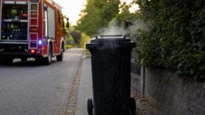 Rotes Feuerwehrfahrzeug mit geöffneten Türen neben einem rauchenden schwarzen Müllcontainer am Straßenrand