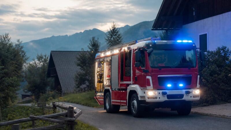 Rotes Feuerwehrfahrzeug mit blauem Blaulicht auf einer Straße vor Bergen bei Dämmerung.