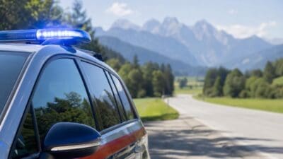Silberner Einsatzwagen mit blauem Blaulicht auf einer Landstraße vor Bergpanorama