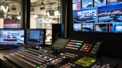 Großes Mischpult in einem Fernsehregieraum mit mehreren Monitoren, die Studioaufnahmen und Stadtbilder zeigen.