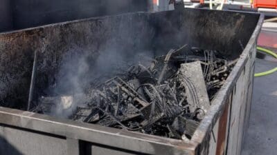 Großer Metallcontainer gefüllt mit verbranntem und verformtem Eisenschrott, aus dem Rauch aufsteigt, mit Feuerwehrfahrzeug im Hintergrund
