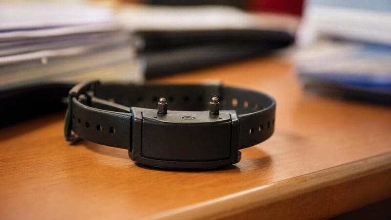 Ein schwarzes elektronisches Armband mit zwei silbernen Metallkontakten liegt auf einem Holztisch.