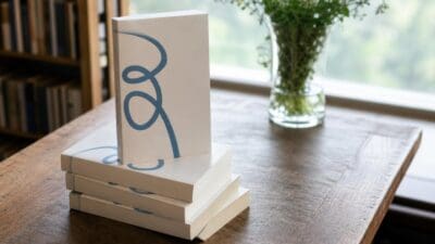 Gestapelte Bücher des Romans Schleifen von Elias Hirschl auf einem Holztisch neben einer Blumenvase