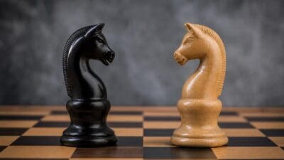 Ein schwarzer und ein heller Schachspringer stehen sich auf einem Schachbrett gegenüber.