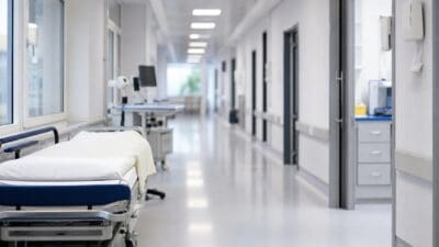 Heller Krankenhausflur mit einem leeren Krankenbett im Vordergrund