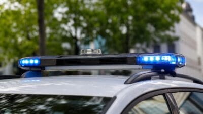 Nahaufnahme des Blaulichtbalkens auf dem Dach eines weißen Polizeifahrzeugs mit blauen Blinklichtern