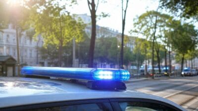 Blaues Blinklicht leuchtet auf dem Dach eines weißen Polizeiautos in einer Baumallee.