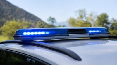 Blaues Blaulicht leuchtet auf dem Dach eines weißen Fahrzeugs vor Berglandschaft