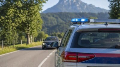 Weißes Polizeiauto mit blauem Blaulicht auf einer Straße in einer bergigen Landschaft