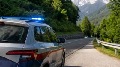 Heck eines silbernen Einsatzfahrzeugs mit blauem Blaulicht auf einer Bergstraße