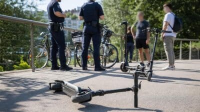 Ein umgestürzter E-Scooter liegt vor Polizisten auf einer Brücke in Graz.