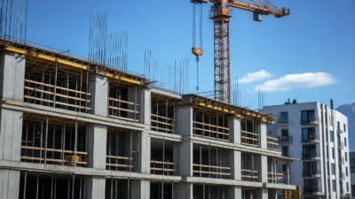 Baustelle eines mehrstöckigen Betongebäudes mit Kränen unter blauem Himmel