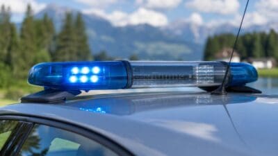 Leuchtendes blaues Blaulicht auf dem Dach eines Polizeifahrzeugs vor Berglandschaft